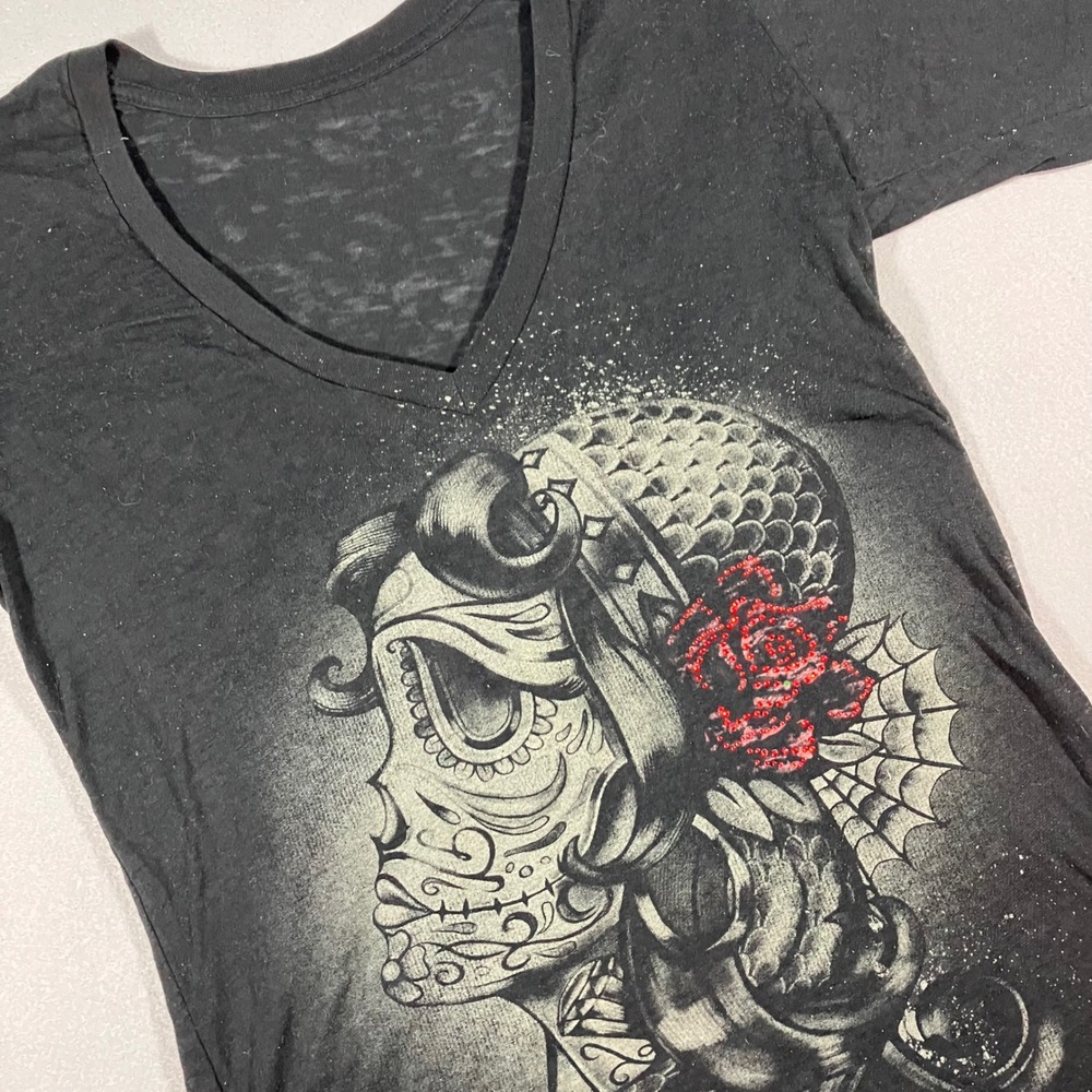 Vtg Rebel Saints Womens Sugar Skull Graphic Tee Black Rhinestone V-Neck XL USA